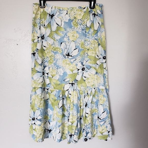 Emma James Size 8 Midi Skirt Blue Green Yellow Floral Pleated Ruffle Grandmacore - Picture 1 of 6